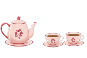 Elegant teapot design and tea cup set featuring delicate floral accents, perfect for tea time themed visuals or menu decoration.