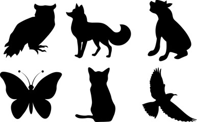 Animal Silhouette Logo Templates, Flat icon of cat, lion, dog, fox, bird, butterfly