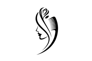 Minimalist design showcasing a woman's profile with flowing hair and a comb, ideal for beauty and fashion related business.