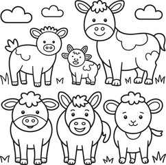 Various farm animals (cow, sheep, and more) in a rural setting, perfect for educational or farm-themed designs.