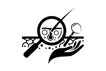 Depicting dermatology through a graphic of hair, skin, magnifying glass and hand, useful for medical presentations or branding related to skin care.