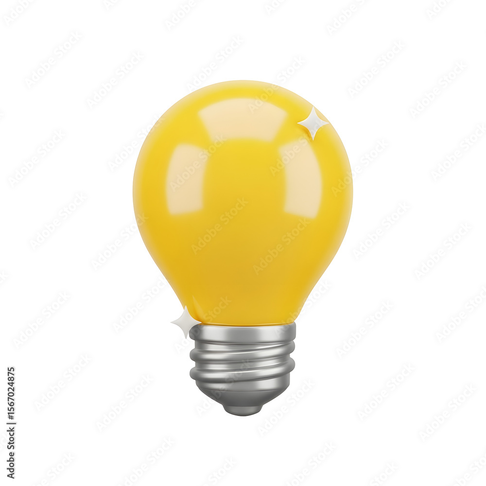 Poster 3d rendered yellow lightbulb with silver base on transparent background for idea concepts