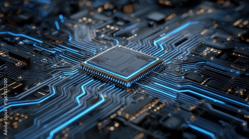 Poster futuristic circuit board with central processor. a captivating image of a complex circuit board, sho