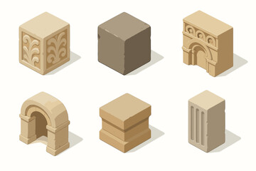 Isometric stone blocks and architectural elements on white background vector icon isolated illustration