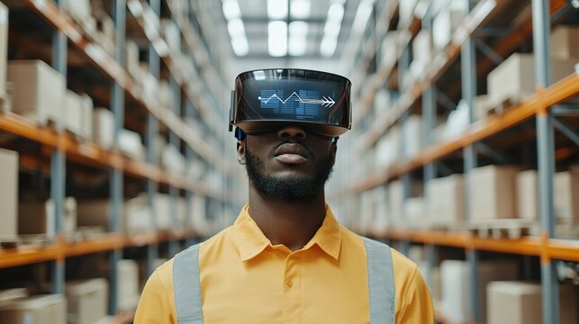 Warehouse worker using AI head-up display inside AR glasses, digital arrows guiding to specific shelf