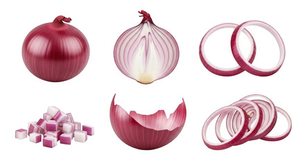 Various Cuts and Forms of Red Onion Including Whole, Sliced, and Diced Options for Culinary Use, isolated on a transparent background