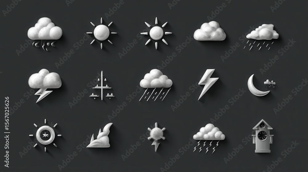 Fototapete Weather element renderings displaying diverse cloud formations and suns on a clean white background