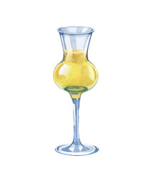 A glass of limoncello, hand-drawn on a white background. Watercolor illustration. The national alcoholic drink of Greece. Isolated. Clipart.