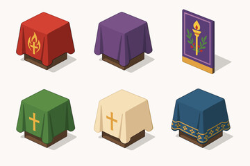 Obraz premium Six decorated altars with religious symbols and colors vector icon isolated illustration