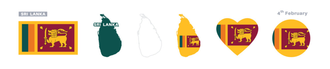 sri lanka flag and map set. sri lanka flag in official colors and proportions. independence day 4 february , map, circle and heart shaped sri lanka