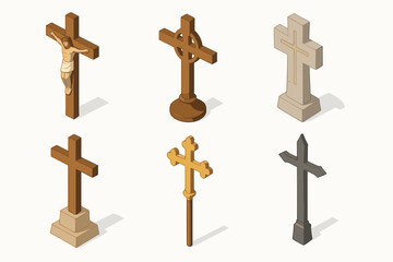 Various christian cross designs in different styles and materials vector icon isolated illustration