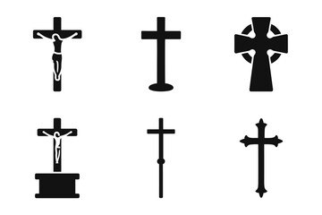 Collection of various cross icons and symbols in black silhouette vector icon isolated illustration