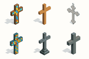 Various isometric cross designs in different styles and colors vector icon isolated illustration