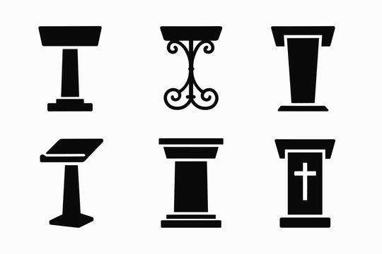 Set of six black pulpit and lectern icons with religious symbols and designs vector icon isolated illustration