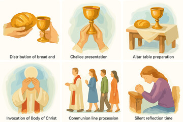 Eucharistic ceremony steps - bread and chalice, altar preparation, communion procession, silent reflection vector icon isolated illustration