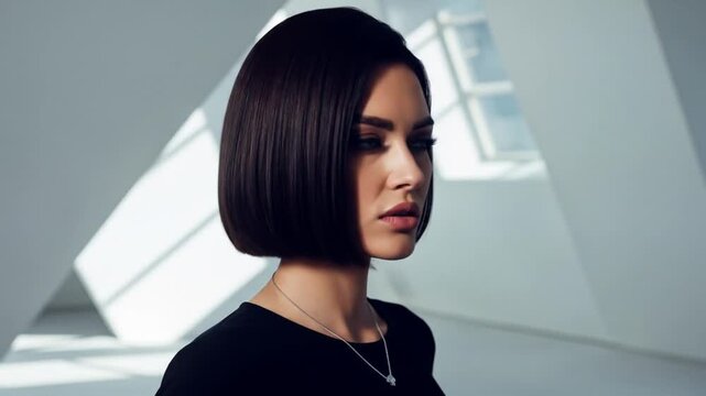 Elegant woman with sleek bob haircut poses in modern architectural space