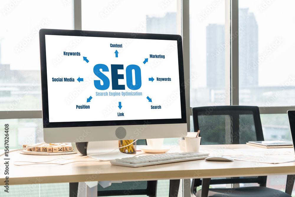 Aufkleber seo search engine optimization for modish e-commerce and online retail business showing on computer 