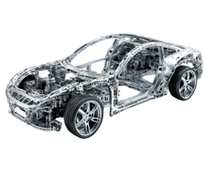 Car engineering showcase workshop model industrial space view isolated on transparent background