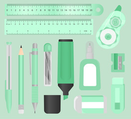 Full pastel stationery set in green theme with pencils, pens, erasers, correction tape, rulers, and sharpeners.