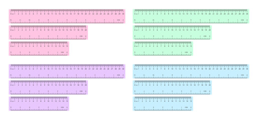 Colorful pastel plastic rulers in purple, pink, blue, and green, with 15, 20, and 30 cm sizes. Flat vector design with soft depth.
