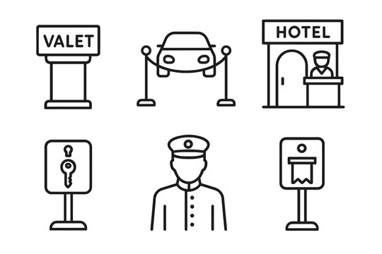 Hotel valet service icons set including valet stand, car, hotel, key, attendant, ticket vector icon isolated illustration