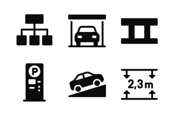 Icons of parking, structure, and height limit in black silhouettes vector icon isolated illustration