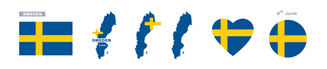 sweden flag and map set. sweden flag in official colors and proportions. independence day 6 june, map, circle and heart shaped sweden 