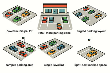 Variety of parking lot types and designs illustrated vector icon isolated illustration