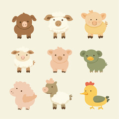 Naklejka premium Cute flat clipart set of baby farm animals including cow, piglet, lamb, chick in soft earthy colors for nursery decor, packaging, greeting cards and craft projects
