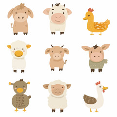 Obraz premium Adorable flat baby farm animal clipart set with cute cow, pig, sheep, chick and duck for nursery prints, baby products, packaging and DIY crafts