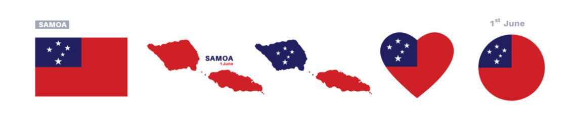Samoa flag and map set. Samoa flag in official colors and proportions. independence day 1 june, map, circle and heart shaped Samoa 