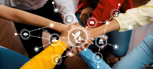 A dynamic display of collaboration showcasing hands united with icons of green business and...