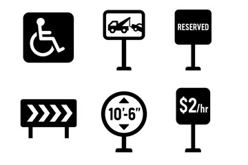Black and white icon set: accessibility, parking, and traffic signs vector icon isolated illustration