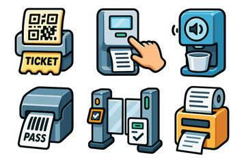 Icons of ticket dispensers and access control devices with qr codes and pass readers vector icon isolated illustration