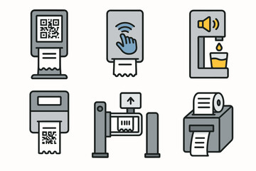 Set of 6 automated vending machines with qr codes and touch interfaces vector icon isolated illustration