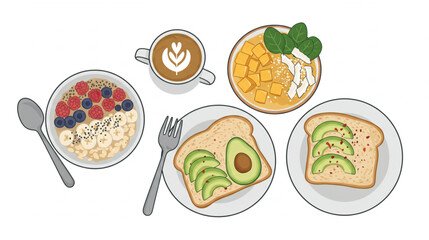 Healthy breakfast food arrangement features coffee, fruit bowls, and avocado toast, perfect for menu design and culinary-themed graphics.