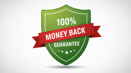 A green shield graphic conveys a money-back guarantee with a prominent red ribbon and stars, perfect for business assurance and promotional material.