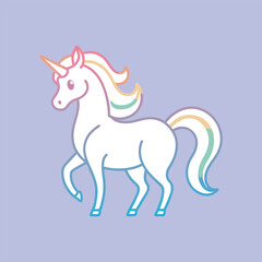 Outlined unicorn vector with soft pastel rainbow mane, minimalist line art, gentle colors, magical fantasy creature, cute elegant illustration