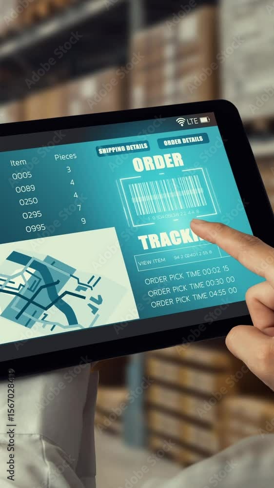 Poster Warehouse management deft software in computer for real time monitoring of goods package delivery . Computer screen showing smart inventory dashboard for storage and supply chain distribution .