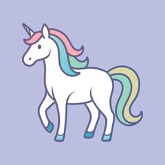 Outlined unicorn vector with soft pastel rainbow mane, minimalist line art, gentle colors, magical fantasy creature, cute elegant illustration