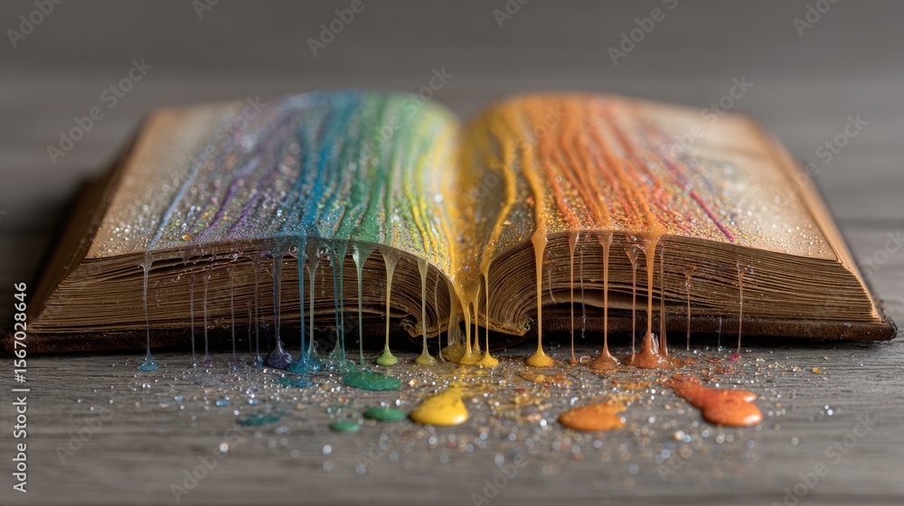 Poster conceptual rainbow book with colorful textured pages and a sparkling glitter effect resting on a gra