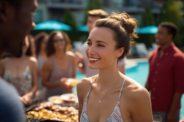 Young caucasian female enjoying outdoor poolside party with friends on a sunny day