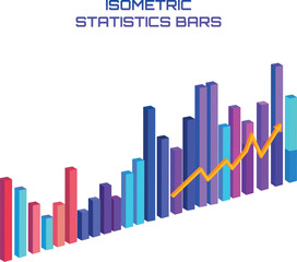 Colourful Bar graph isometric view. Business charts, data graphics, statistics diagram with yellow  arrow. Analysis growth progress. Vector illustration for visualization of presentation, report