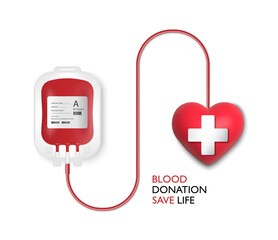 Blood donation concept, Blood bag and red heart isolated on white background, vector illustration