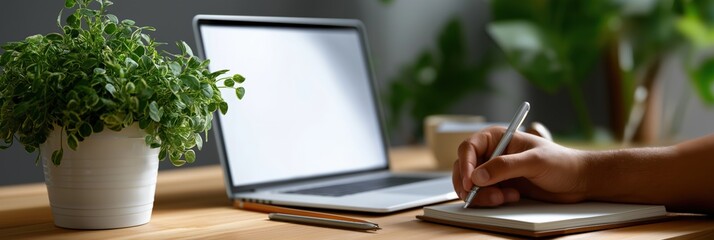 Person writing at desk with laptop and plant in cozy home office setting