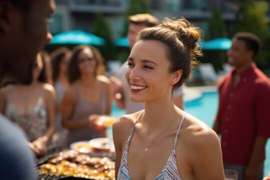 Young caucasian female enjoying outdoor poolside party with friends on a sunny day