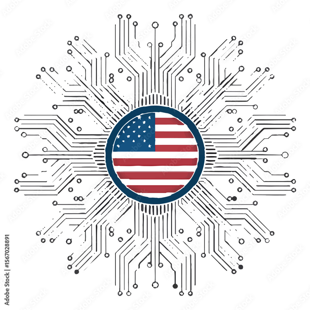 Aufkleber abstract circular circuit board pattern with a stylized american flag in the center