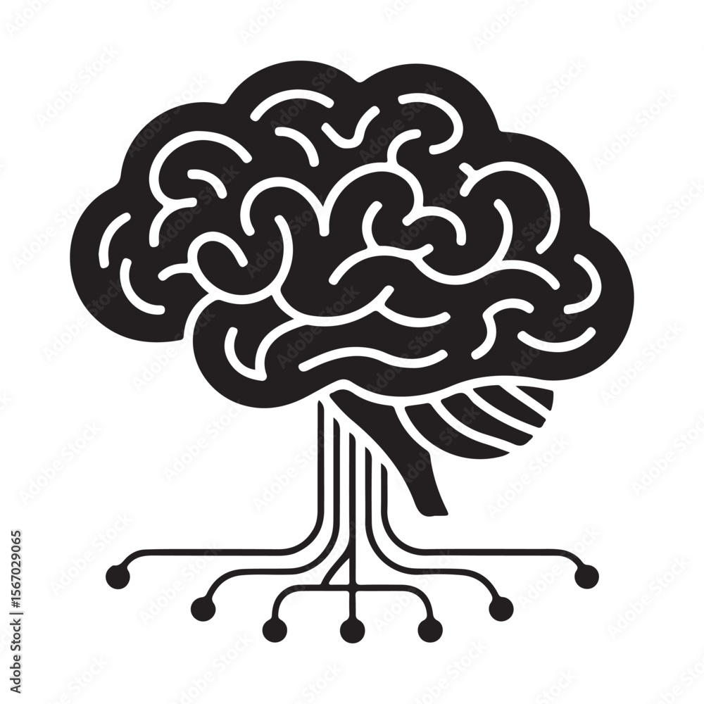 Poster stylized black silhouette of a human brain connected to circuits and nodes representing artificial i