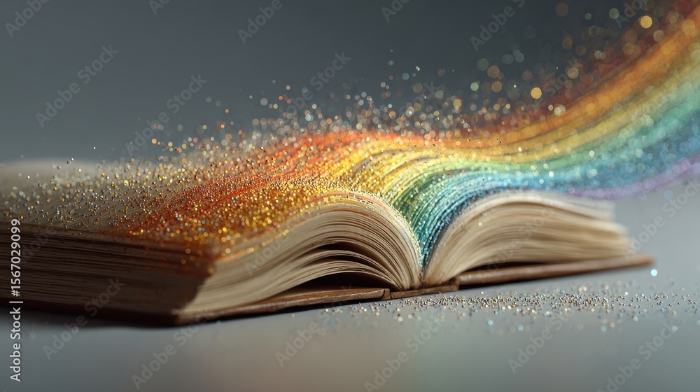 Poster conceptual rainbow book with colorful textured pages and a sparkling glitter effect resting on a gra