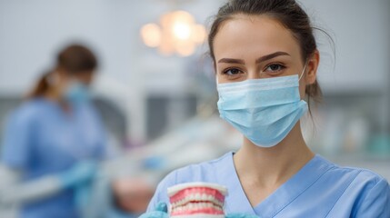 Smiling young dentist wearing mask holds jaw model in dental clinic